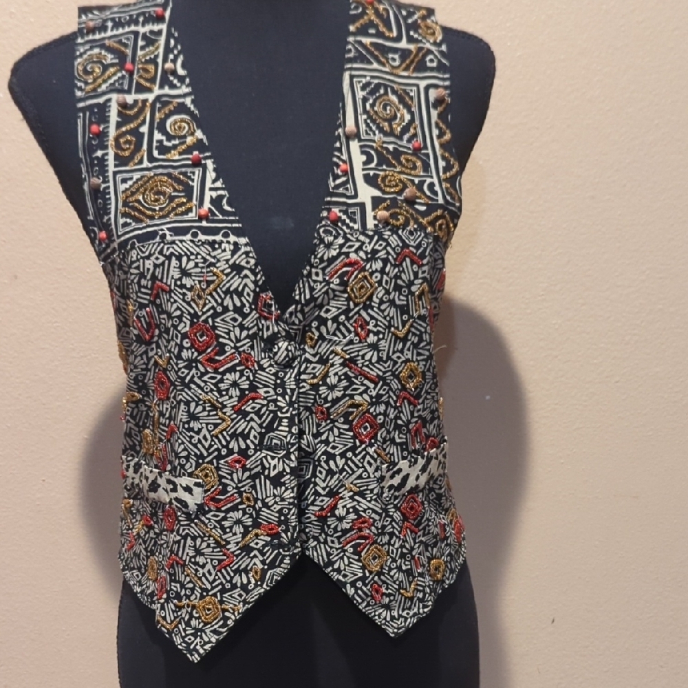 Vintage Charity Silver and Black Asymmetrical Beated Vest. Sz Small